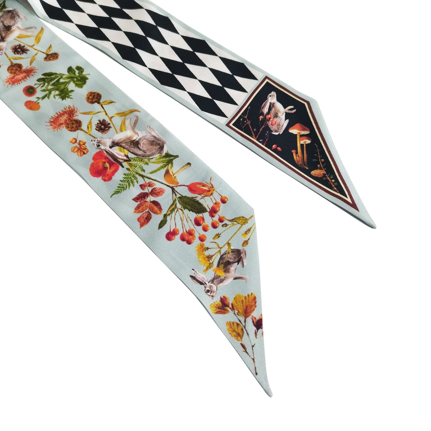 Premium 100% Mulberry Silk Skinny Scarf - Rabbit Forest Light Blue Pattern