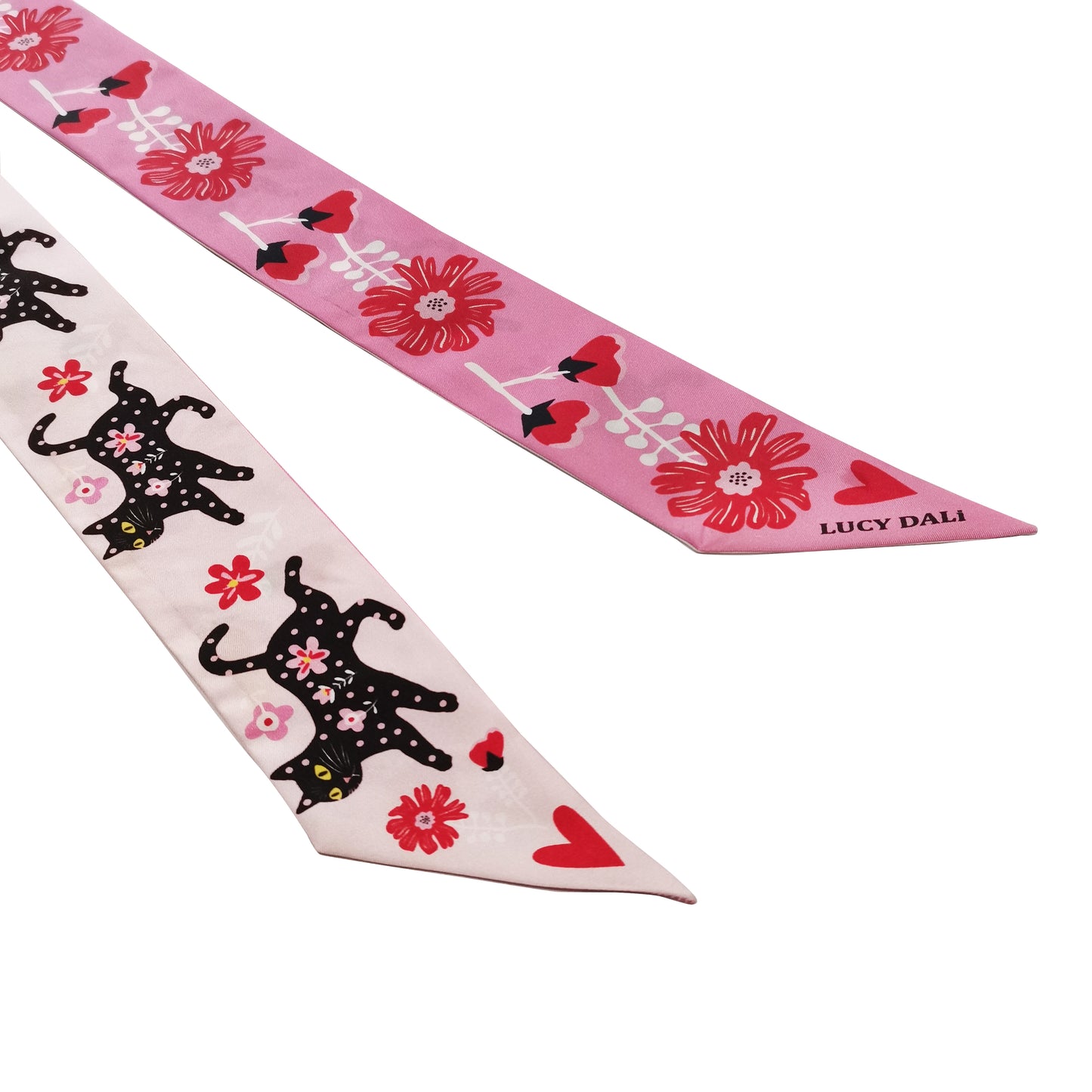 Premium 100% Mulberry Silk Skinny Scarf - Cat Flower Pink Pattern