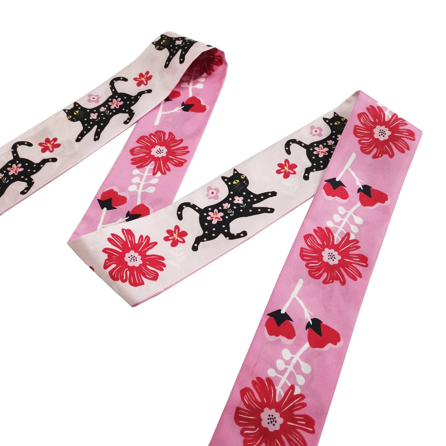 Premium 100% Mulberry Silk Skinny Scarf - Cat Flower Pink Pattern