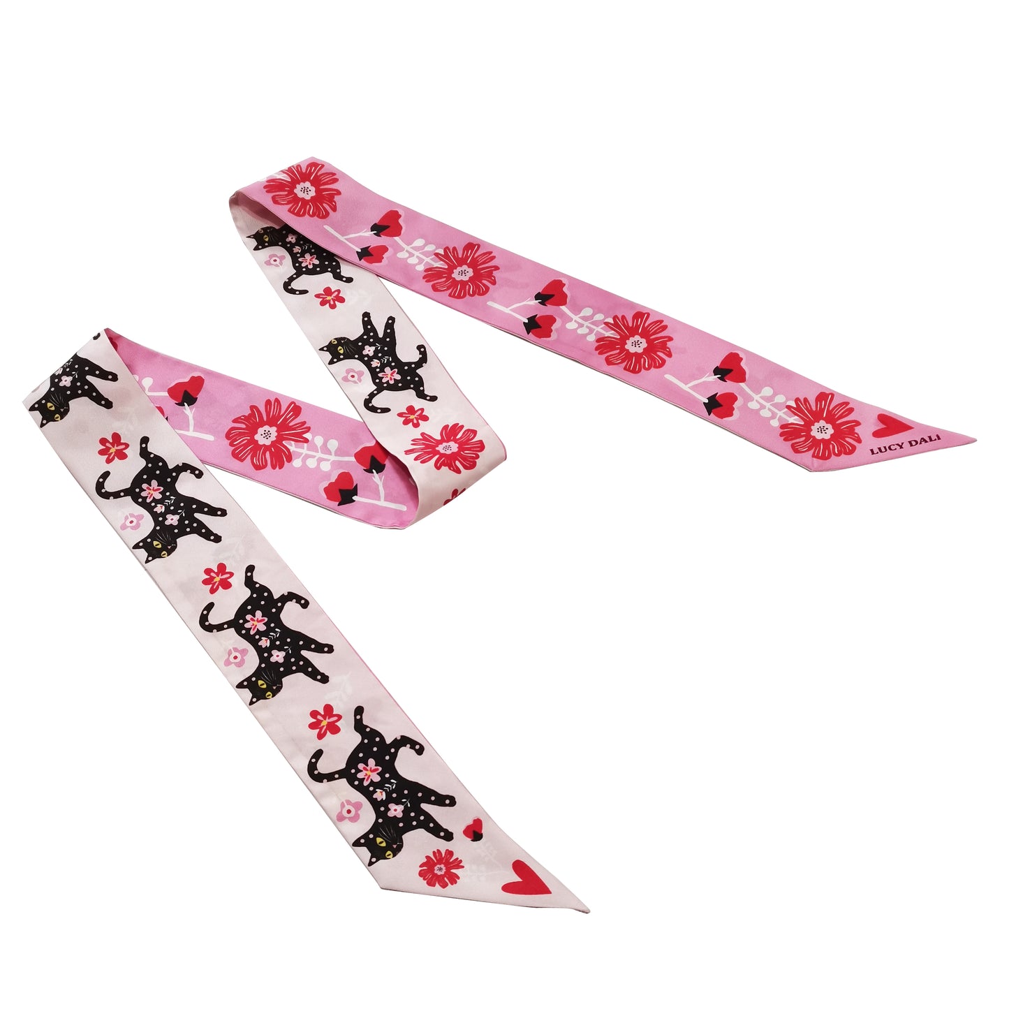 Premium 100% Mulberry Silk Skinny Scarf - Cat Flower Pink Pattern