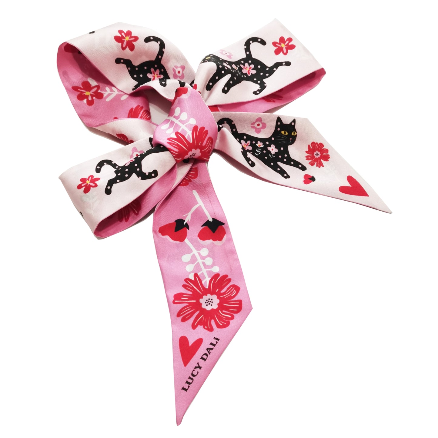 Premium 100% Mulberry Silk Skinny Scarf - Cat Flower Pink Pattern