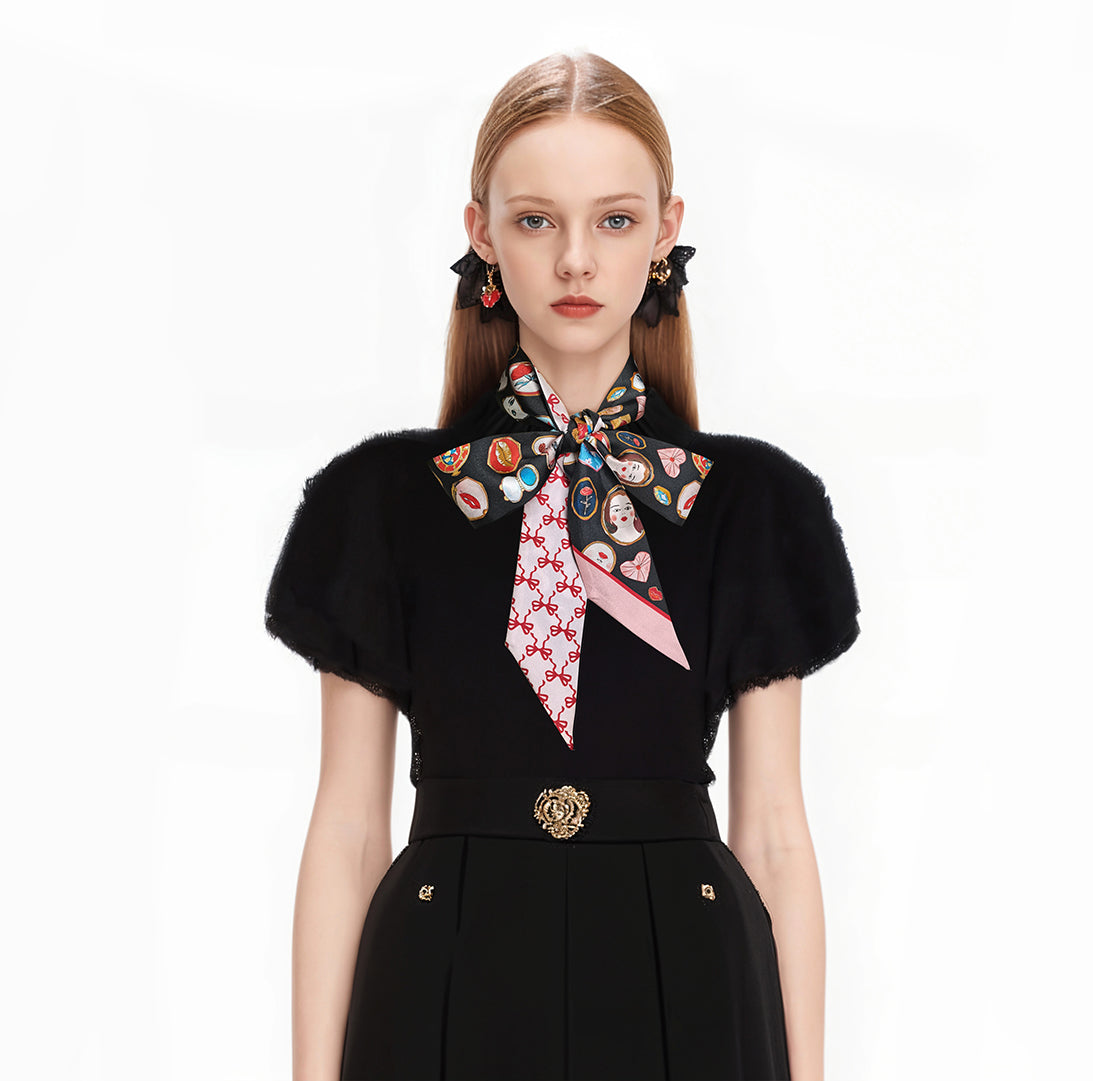 Foulard fin 100 % soie de mûrier de qualité supérieure - Motif nœud miroir