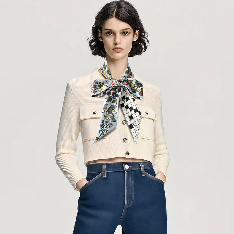 Premium 100% Mulberry Silk Skinny Scarf - Animal chessboard Pattern