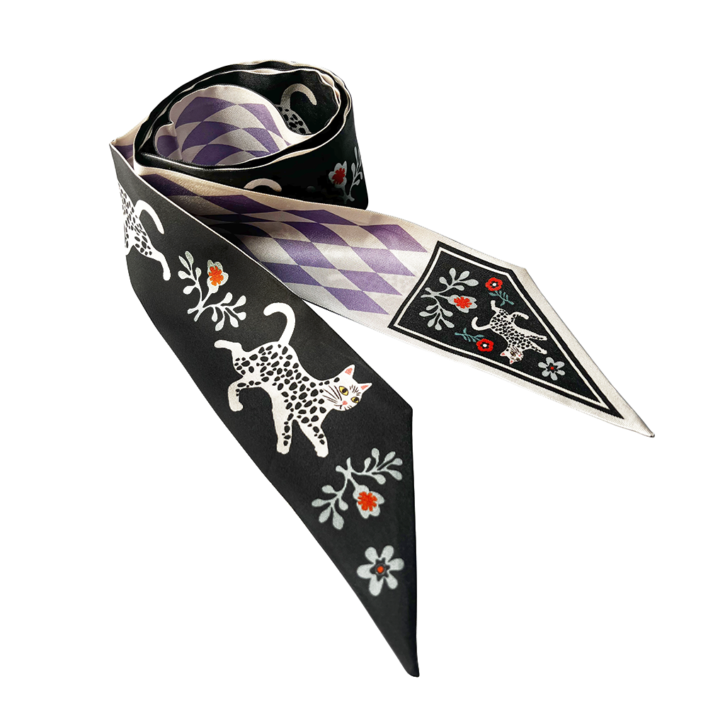 Foulard fin 100 % soie de mûrier de qualité supérieure - Motif chat et fleur rose