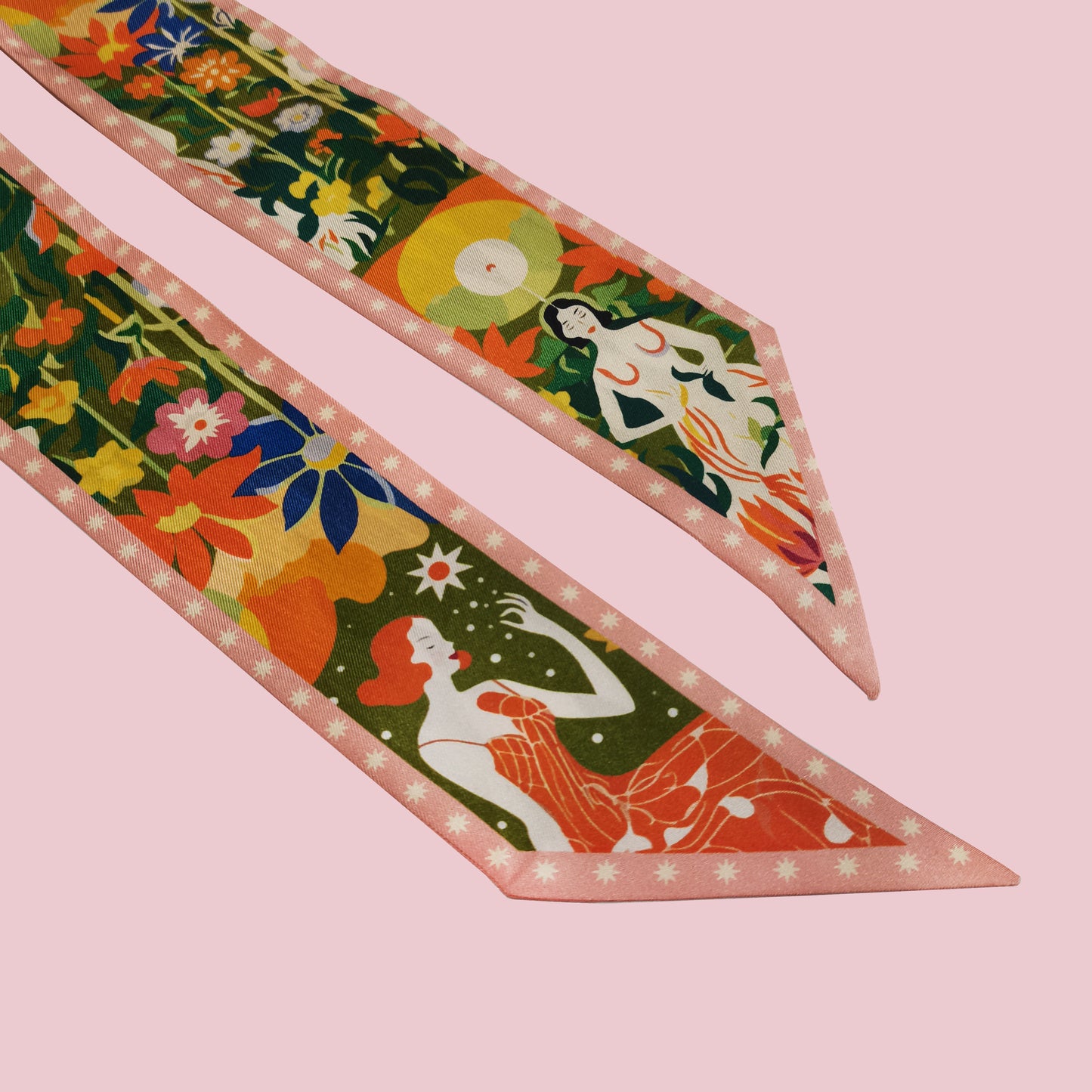 Premium 100% Mulberry Silk Skinny Scarf - Mystic Garden Pattern