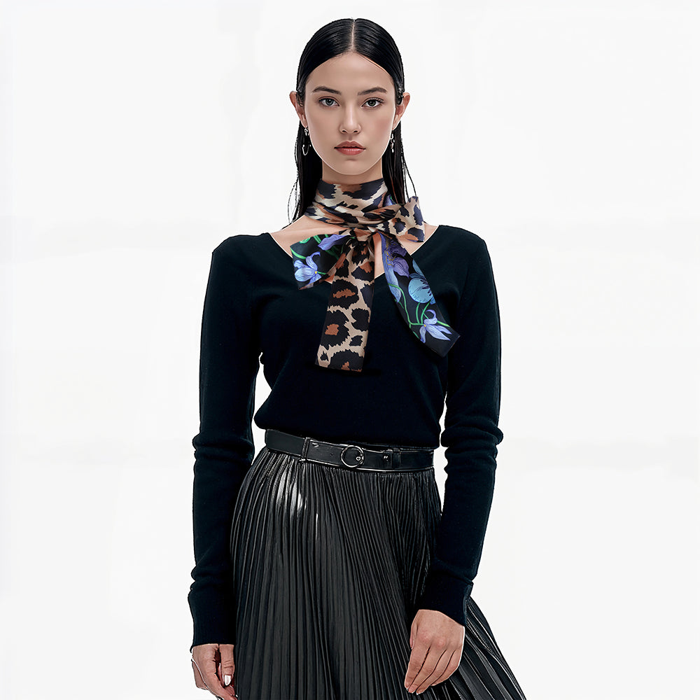 Premium 100% Mulberry Silk Skinny Scarf - Leopard Floral Pattern