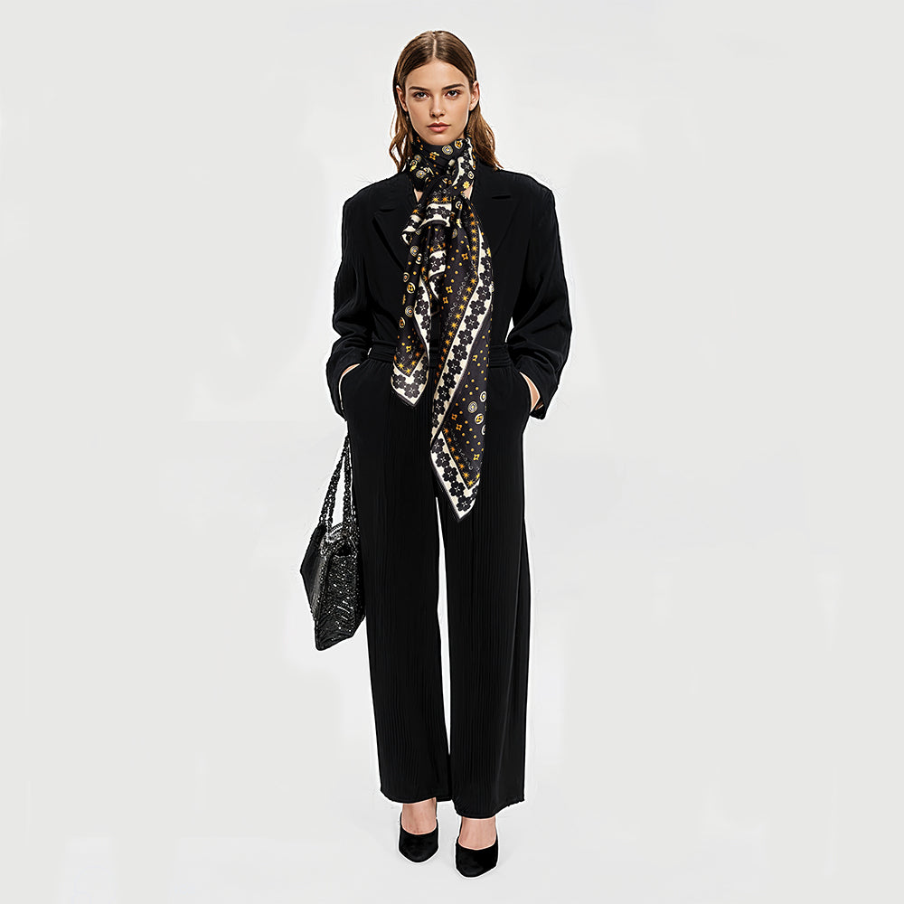 Silk-Cotton Oversized Scarf Shawl – Gold Flower Print, All-Season Wrap