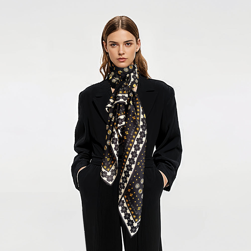 Silk-Cotton Oversized Scarf Shawl – Gold Flower Print, All-Season Wrap