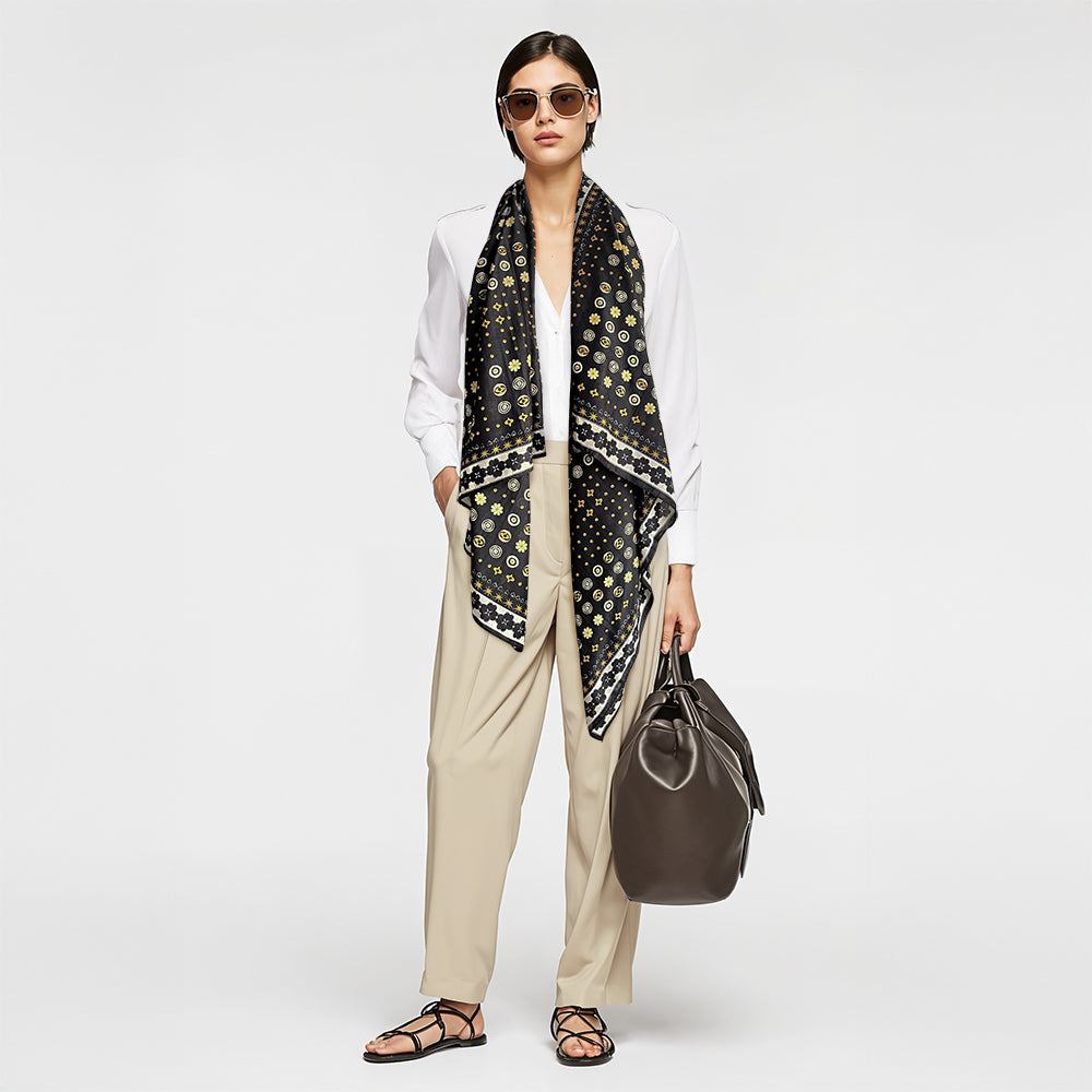 Silk-Cotton Oversized Scarf Shawl – Gold Flower Print, All-Season Wrap