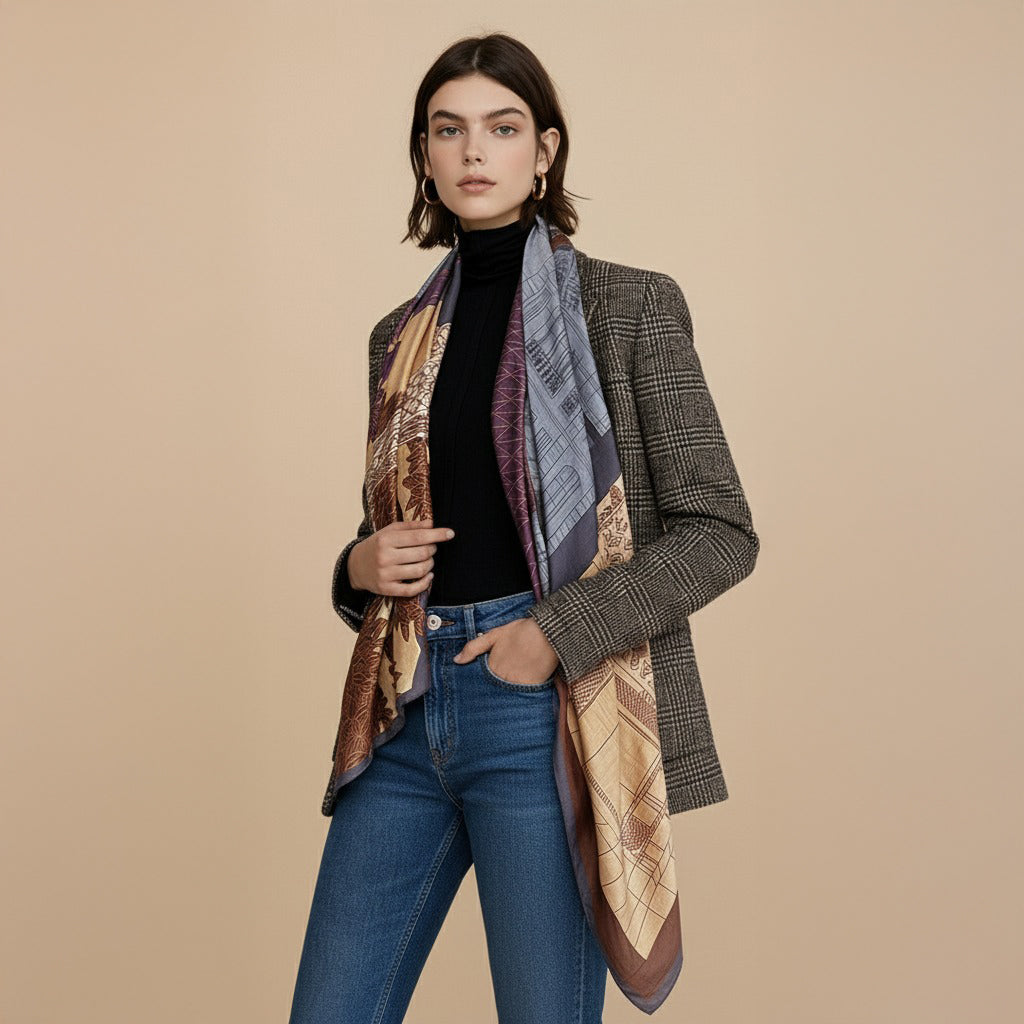 Silk-Cotton Oversized Scarf Shawl – Paris Architecture Print, All-Season Wrap