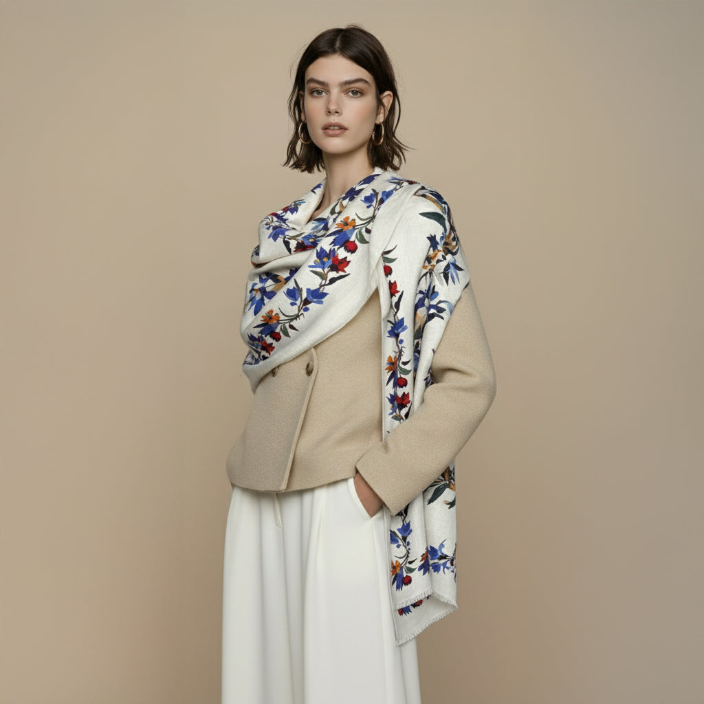 Silk Wool Scarf 30% Silk 70% Wool 60x185cm Floral Print