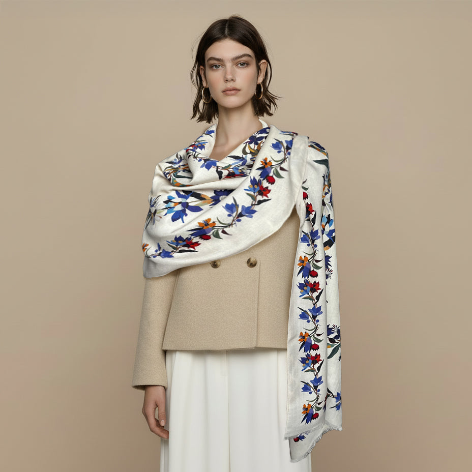 Silk Wool Scarf 30% Silk 70% Wool 60x185cm Floral Print