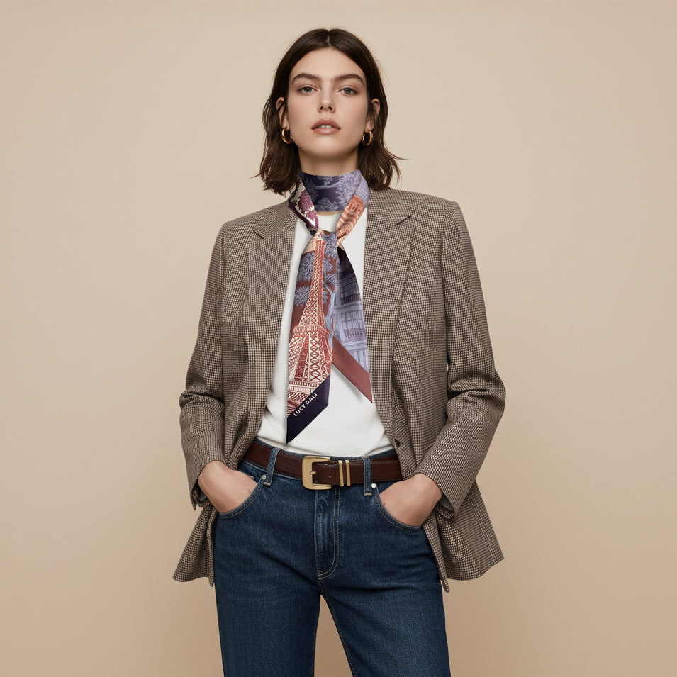 Foulard fin 100 % soie de mûrier de qualité supérieure - Motif chat et fleur rose
