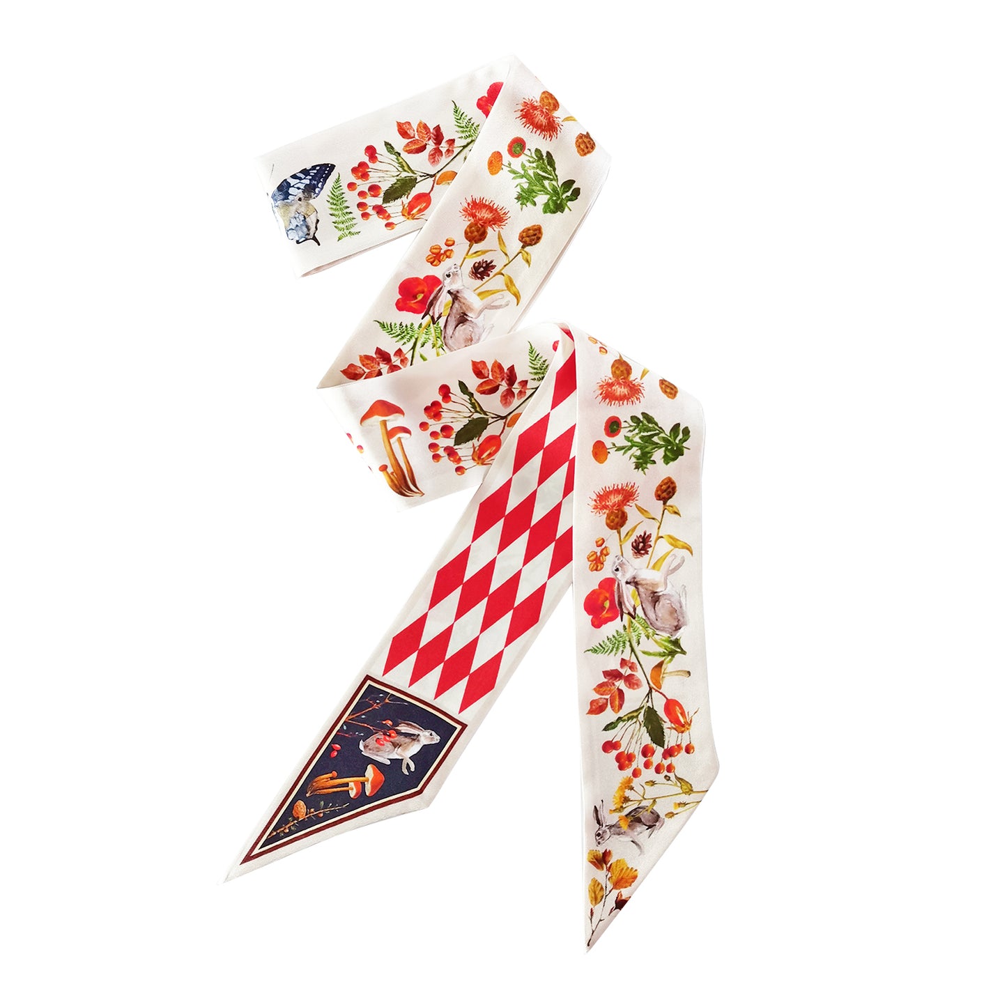 Premium 100% Mulberry Silk Skinny Scarf - Rabbit Forest Pattern