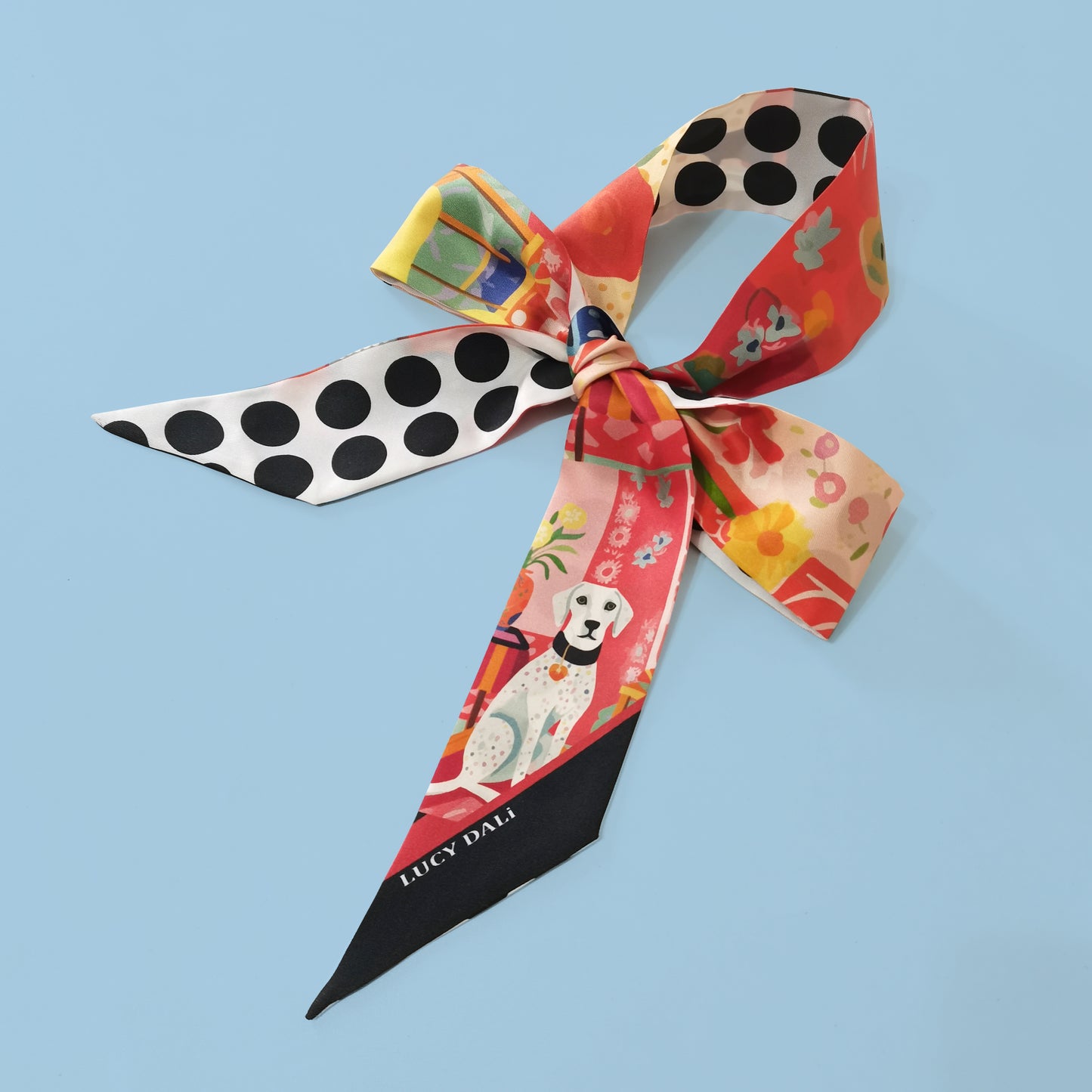 Premium 100% Mulberry Silk Skinny Scarf - Dog Dot Pattern