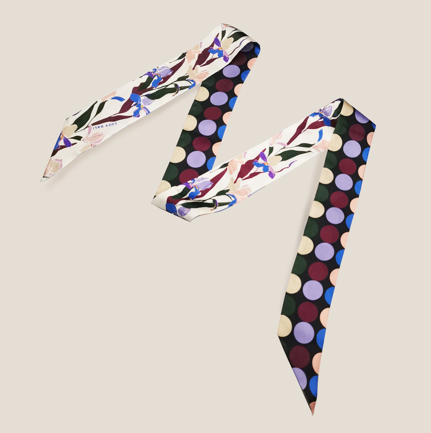 Premium 100% Mulberry Silk Skinny Scarf - Floral Polka Dot Pattern