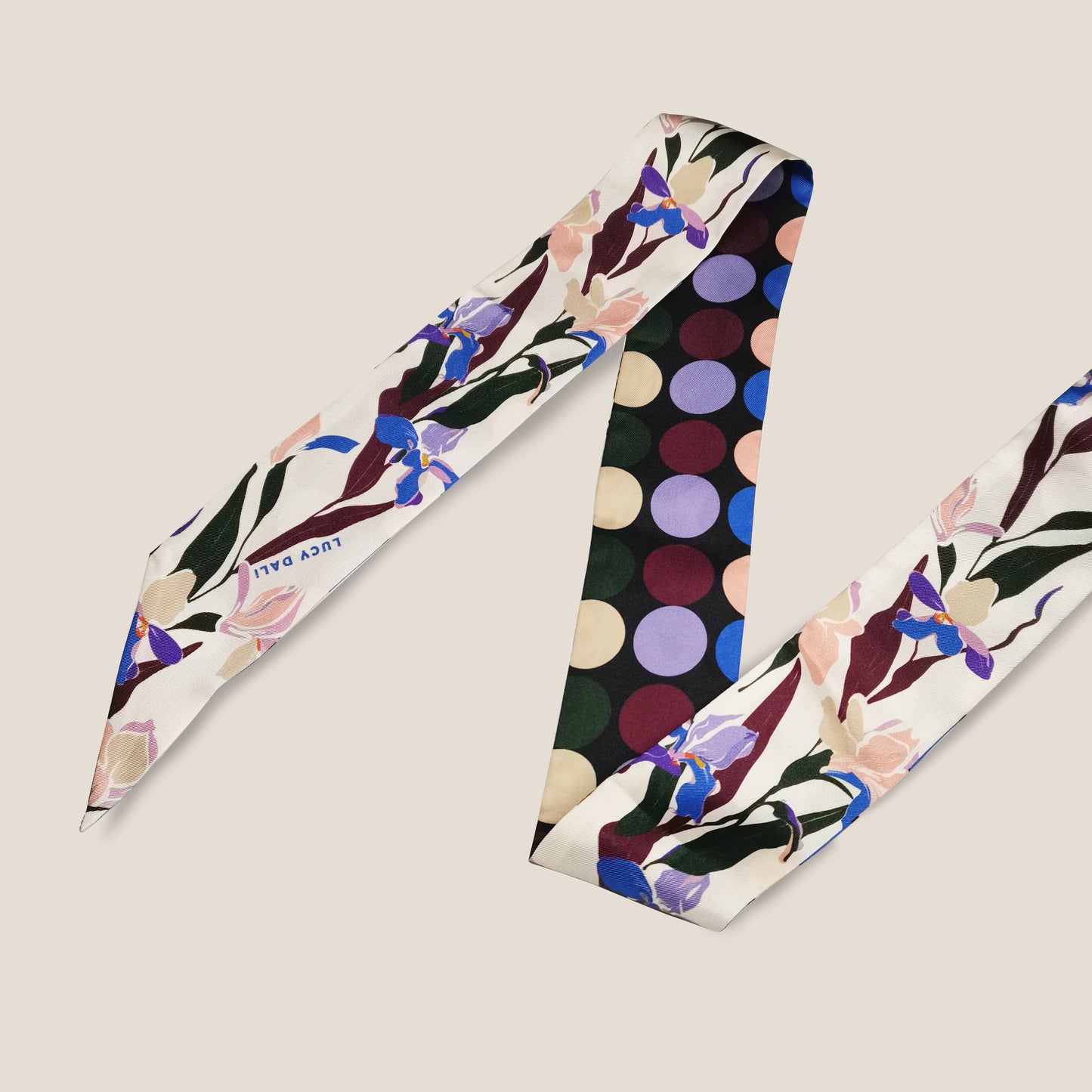 Premium 100% Mulberry Silk Skinny Scarf - Floral Polka Dot Pattern