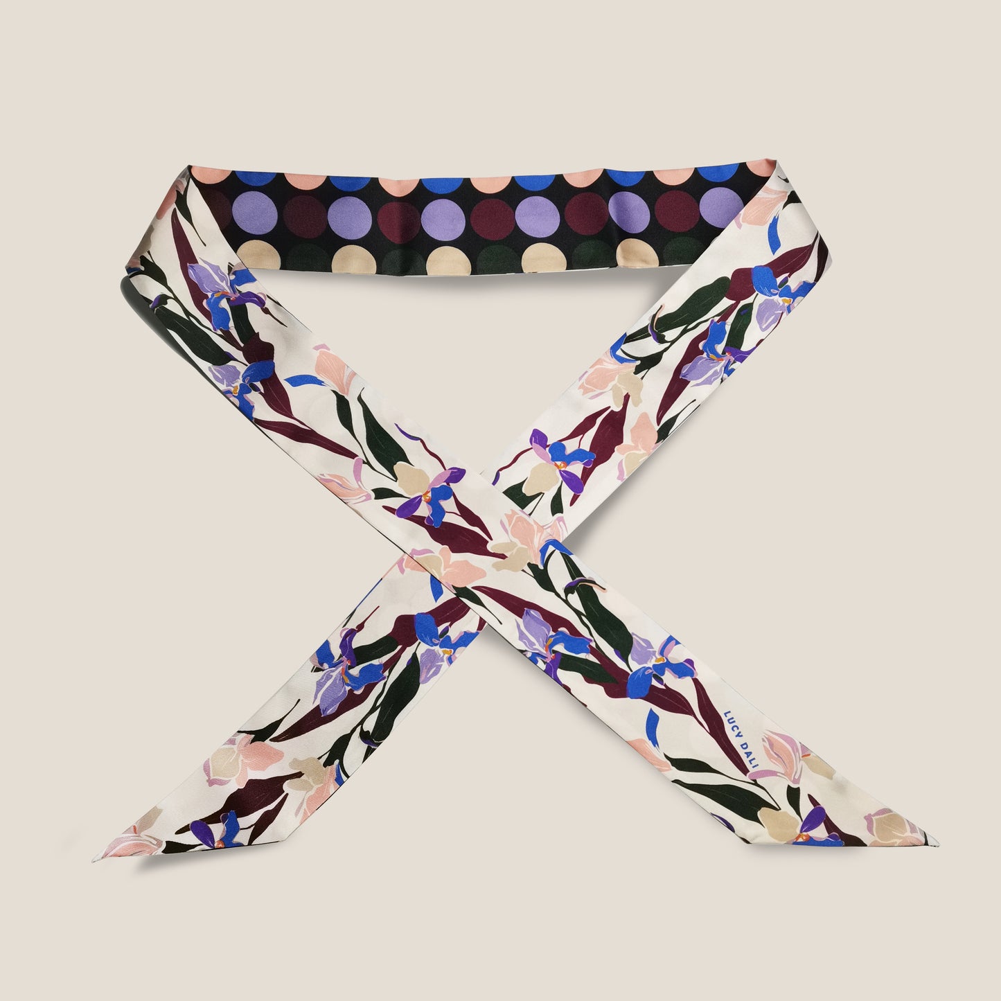 Premium 100% Mulberry Silk Skinny Scarf - Floral Polka Dot Pattern