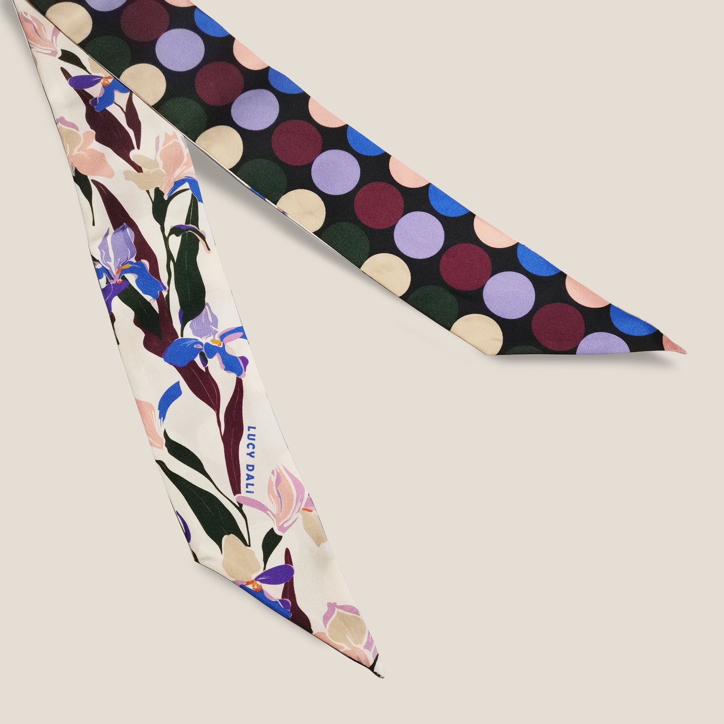 Premium 100% Mulberry Silk Skinny Scarf - Floral Polka Dot Pattern