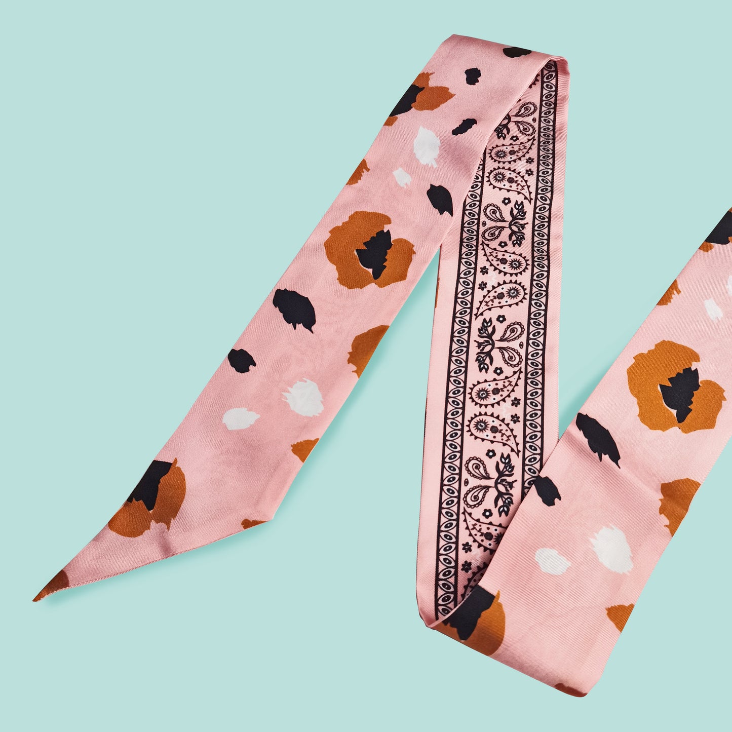Premium 100% Mulberry Silk Skinny Scarf - Paisley Leopard Pattern