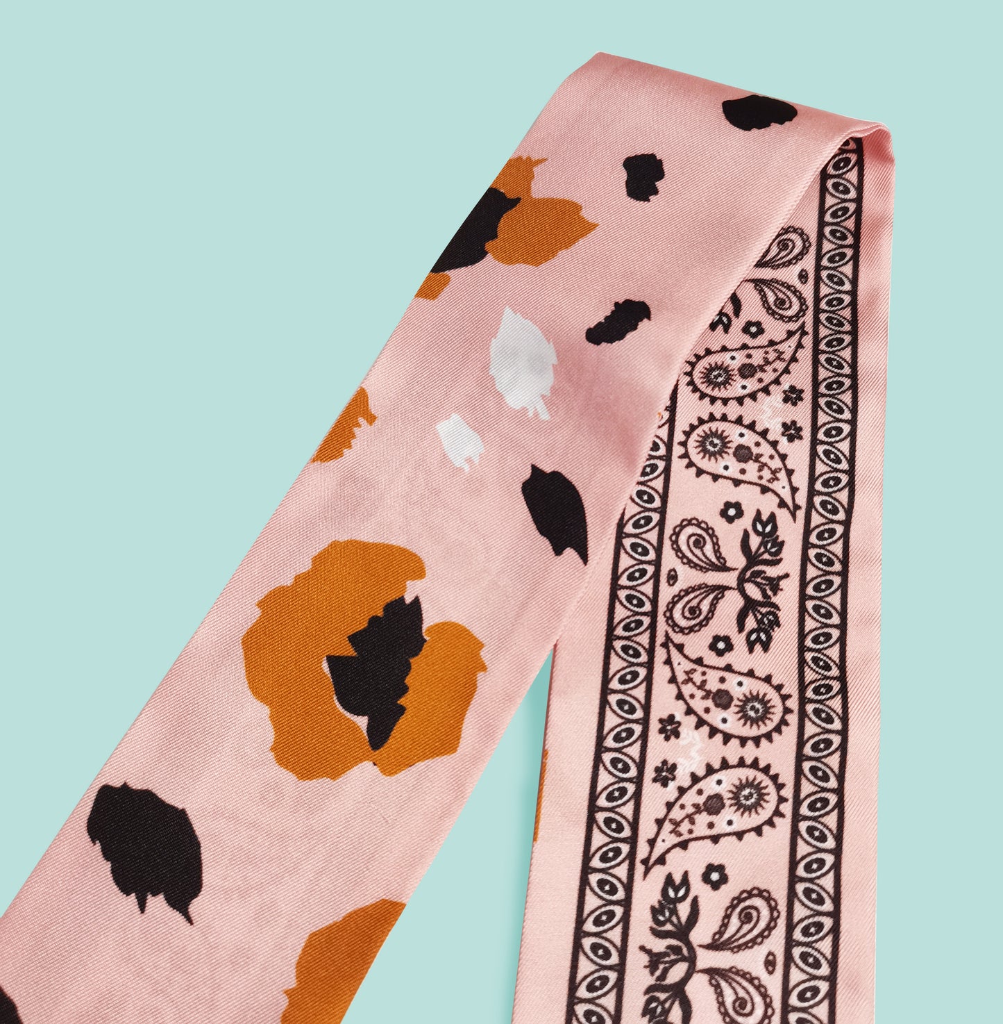 Premium 100% Mulberry Silk Skinny Scarf - Paisley Leopard Pattern