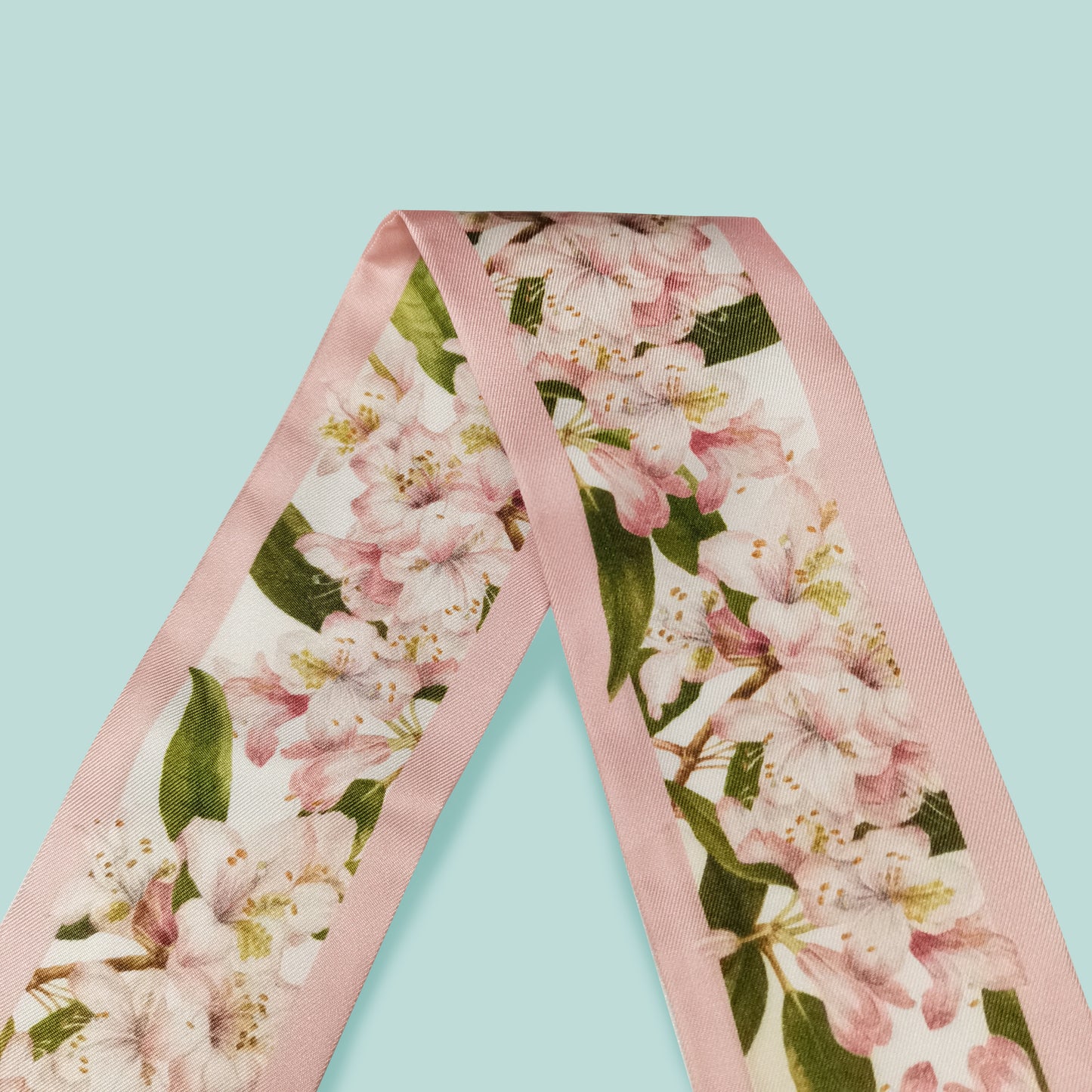 Premium 100% Mulberry Silk Skinny Scarf - Blush Pink Floral Scarf Pattern