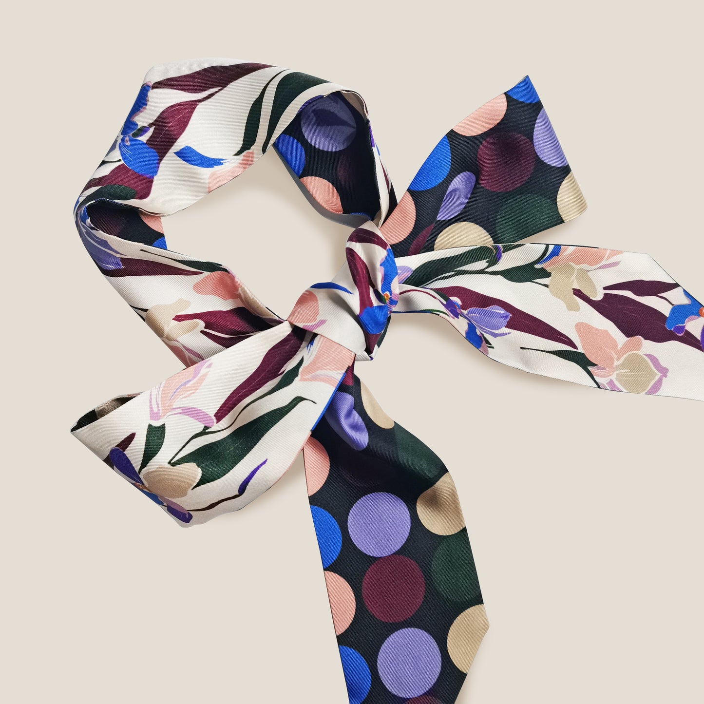 Premium 100% Mulberry Silk Skinny Scarf - Floral Polka Dot Pattern
