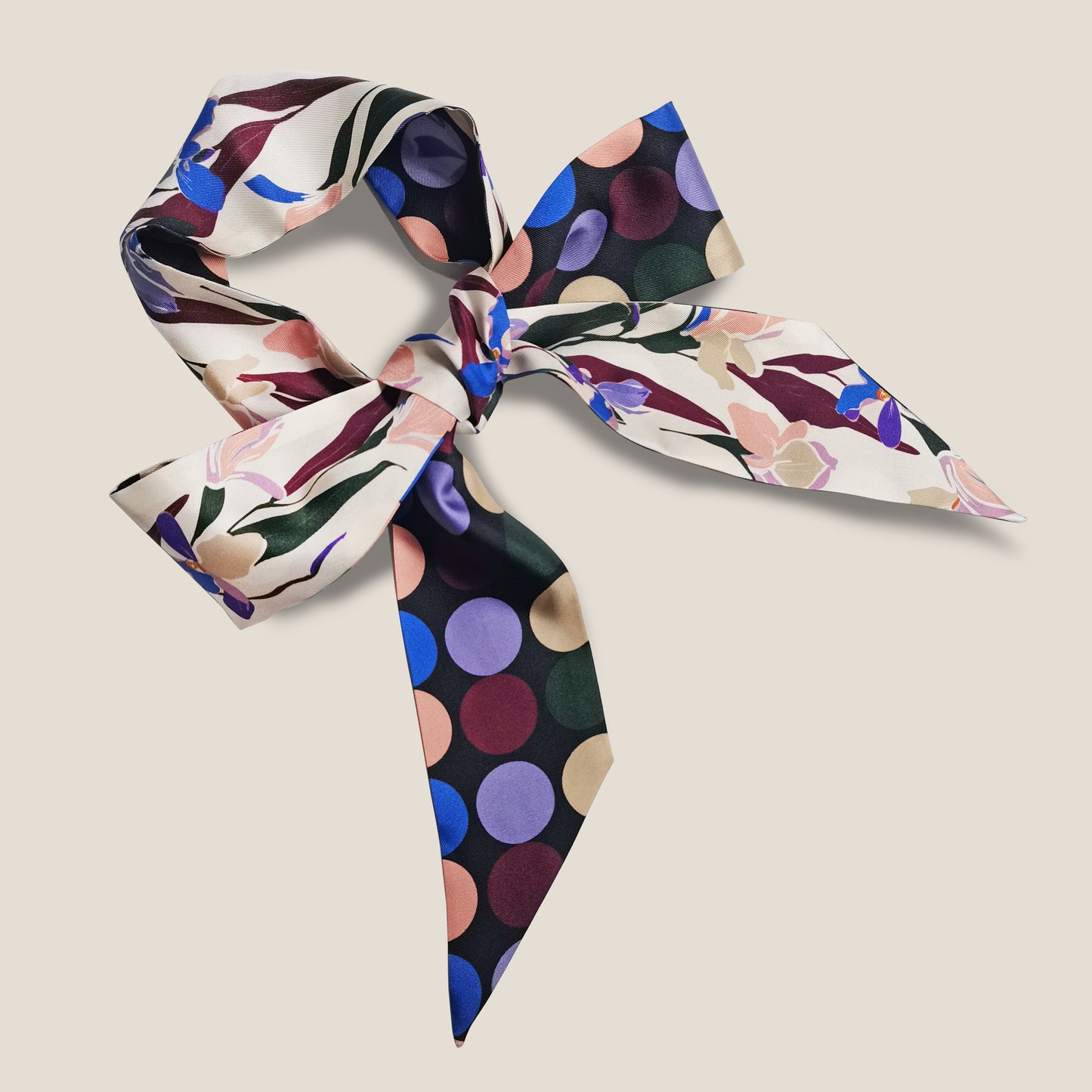 Premium 100% Mulberry Silk Skinny Scarf - Floral Polka Dot Pattern