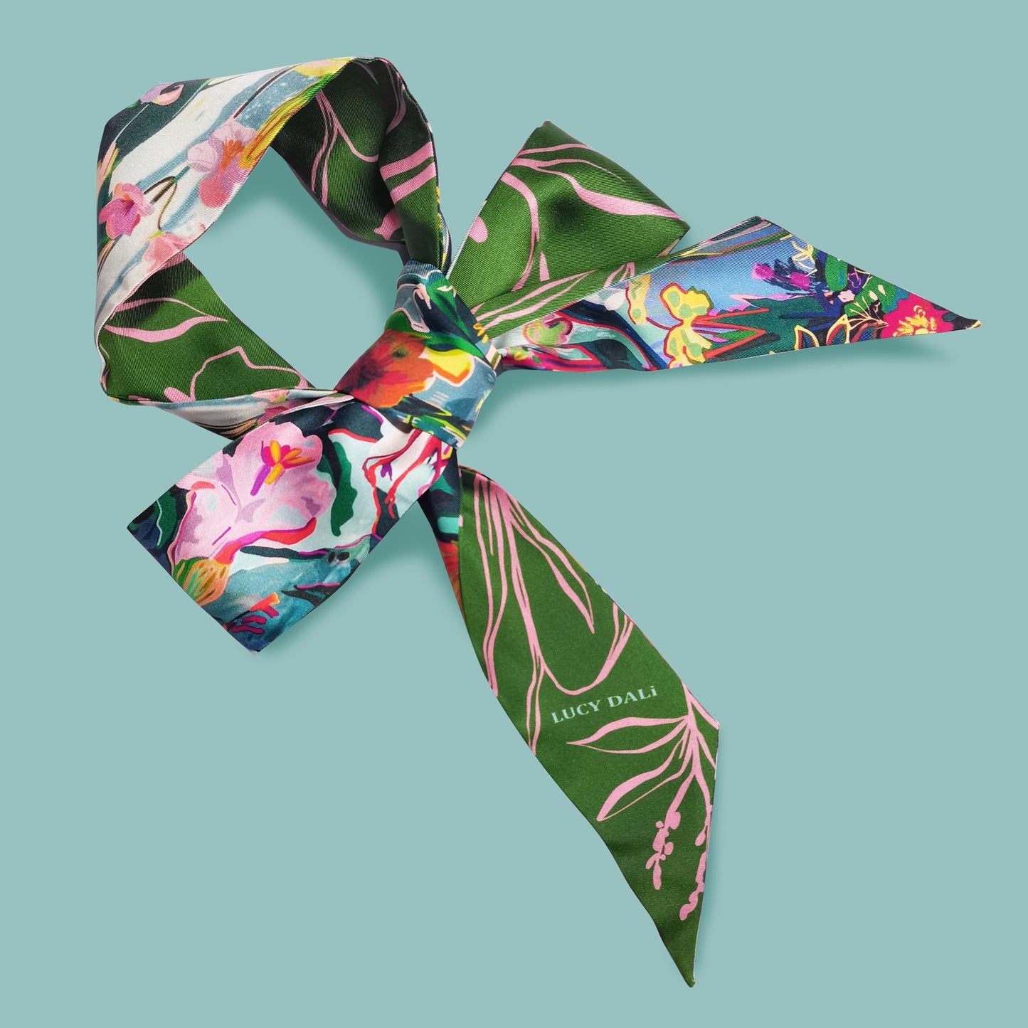 Foulard fin 100 % soie de mûrier de qualité supérieure - Motif floral vert