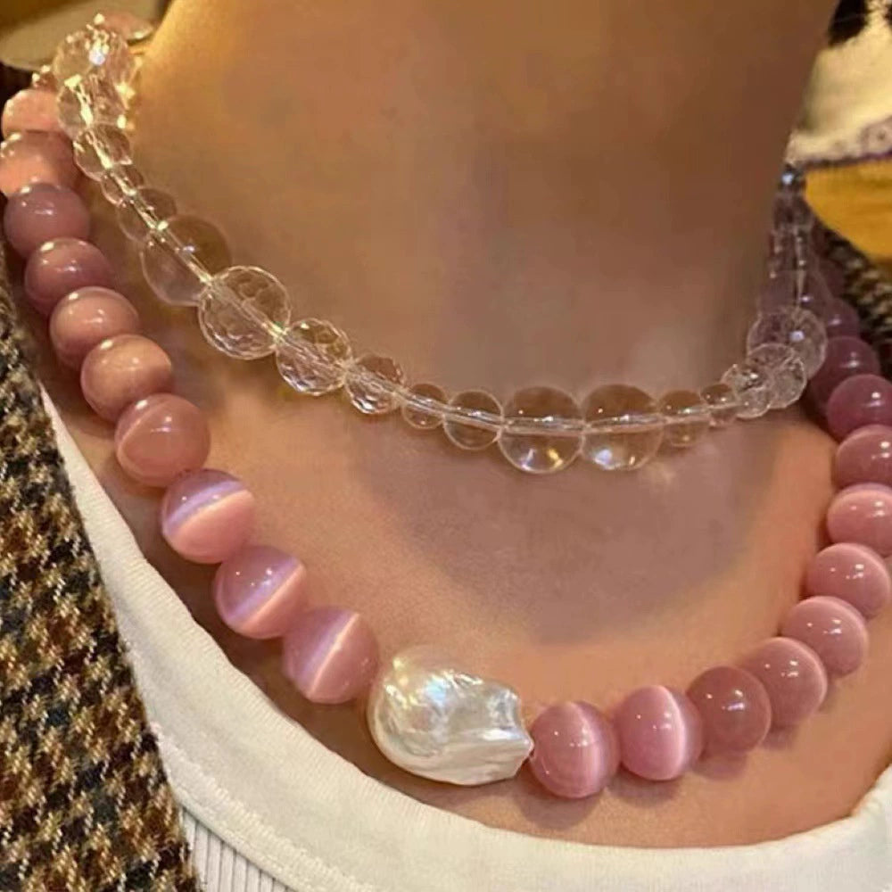 Natural Baroque Pearl and Pink Cat Eye Stone Necklace