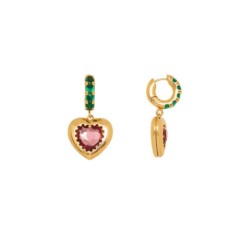 18K Gold Pink Green Heart-shaped Pendant Earrings
