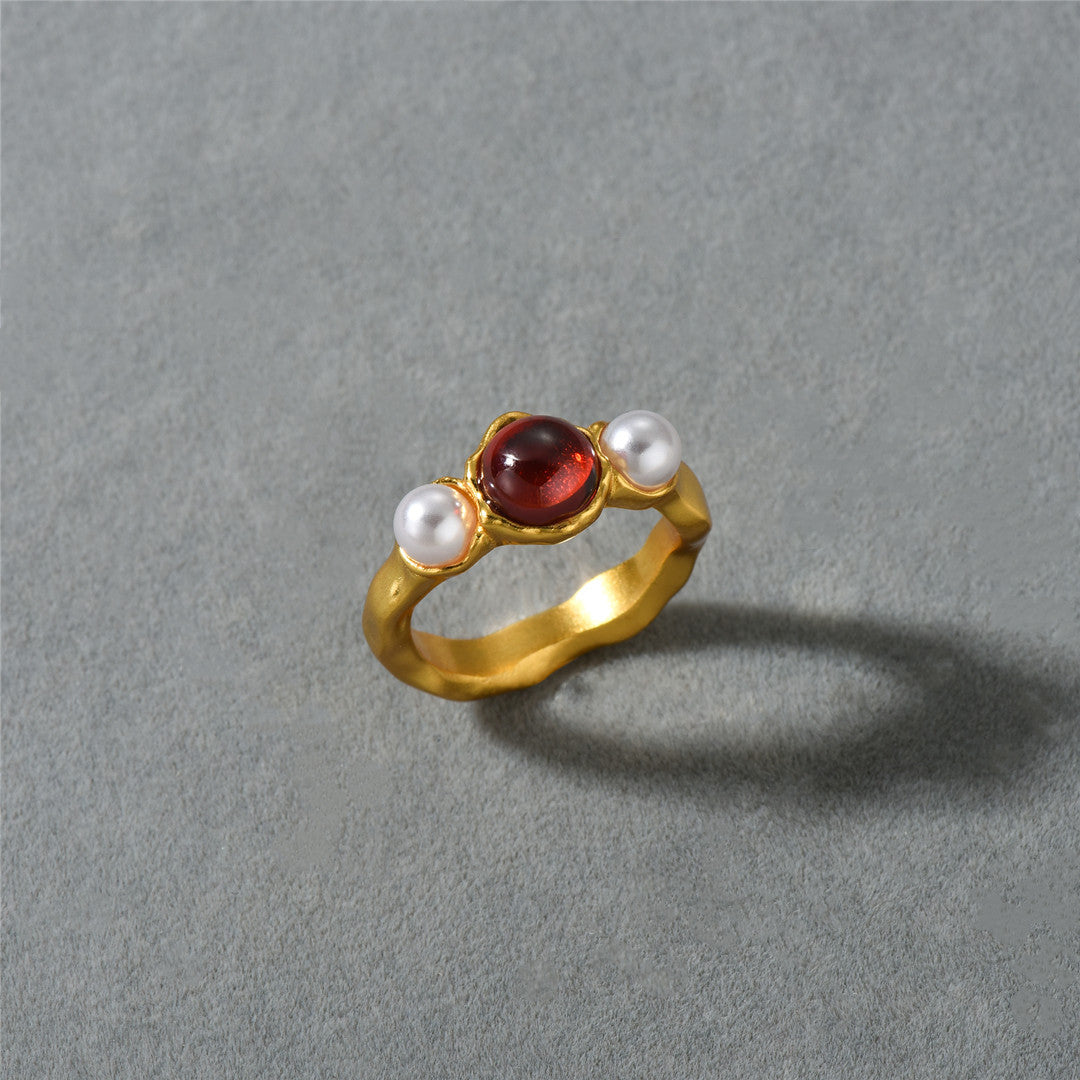 18K Gold Pearl Red stone Ring