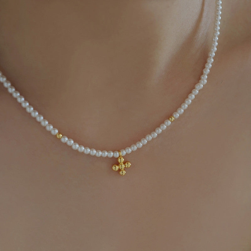 18K Gold Mini Pearl Cross Pendant Necklace