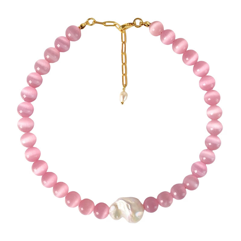 Natural Baroque Pearl and Pink Cat Eye Stone Necklace