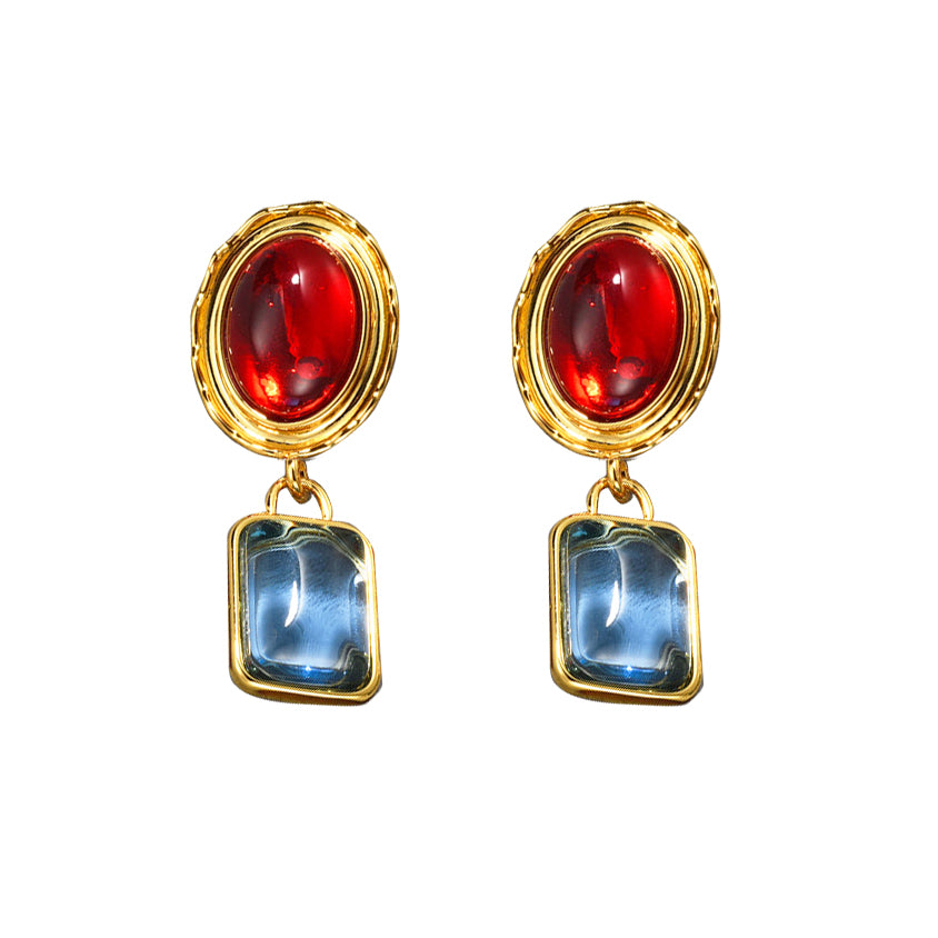 18K Gold Red Blue Dangle Earrings vintage style