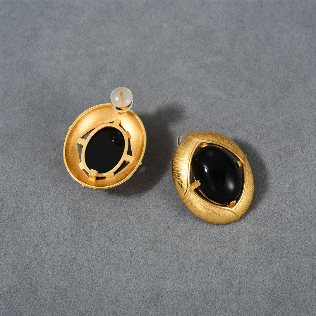 Boucles d'oreilles ovales en or 18 carats et agate noire, style vintage