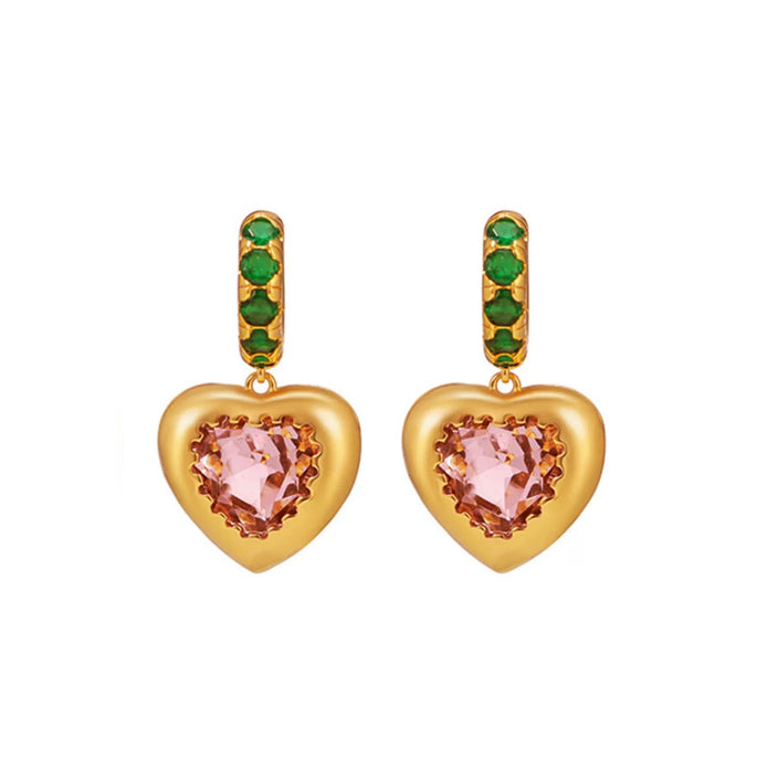 18K Gold Pink Green Heart-shaped Pendant Earrings