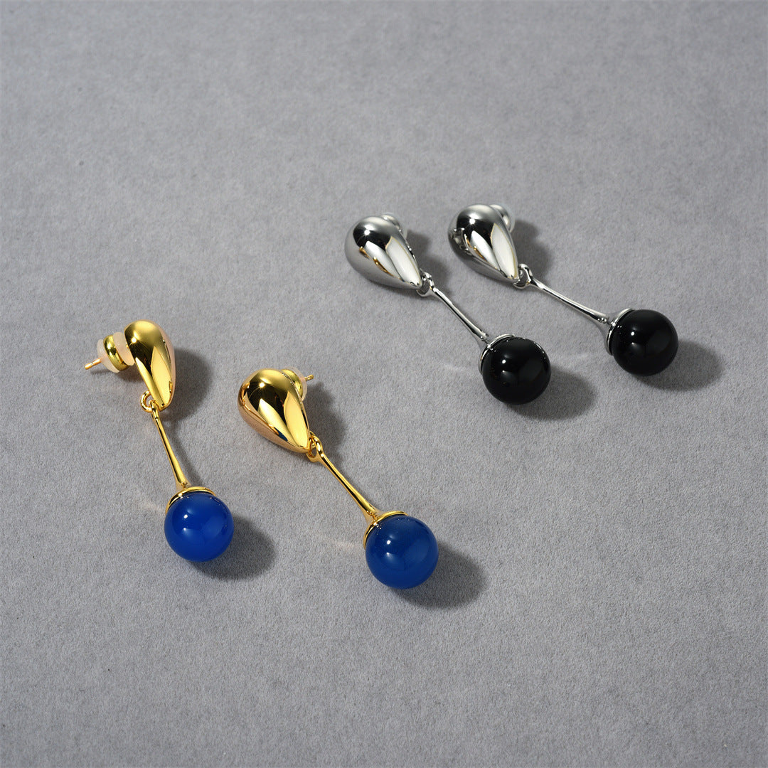 18K Gold Blue Black Stone Pendant Earrings