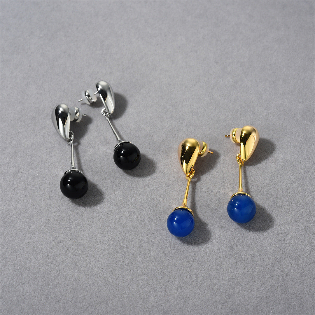 18K Gold Blue Black Stone Pendant Earrings