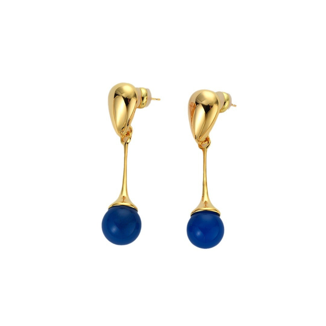 18K Gold Blue Black Stone Pendant Earrings