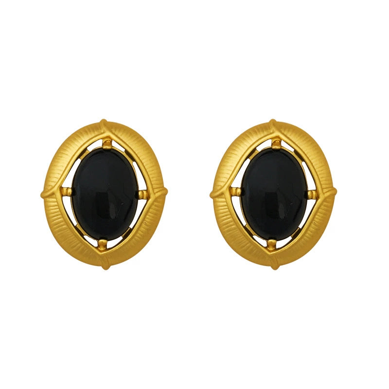 Boucles d'oreilles ovales en or 18 carats et agate noire, style vintage