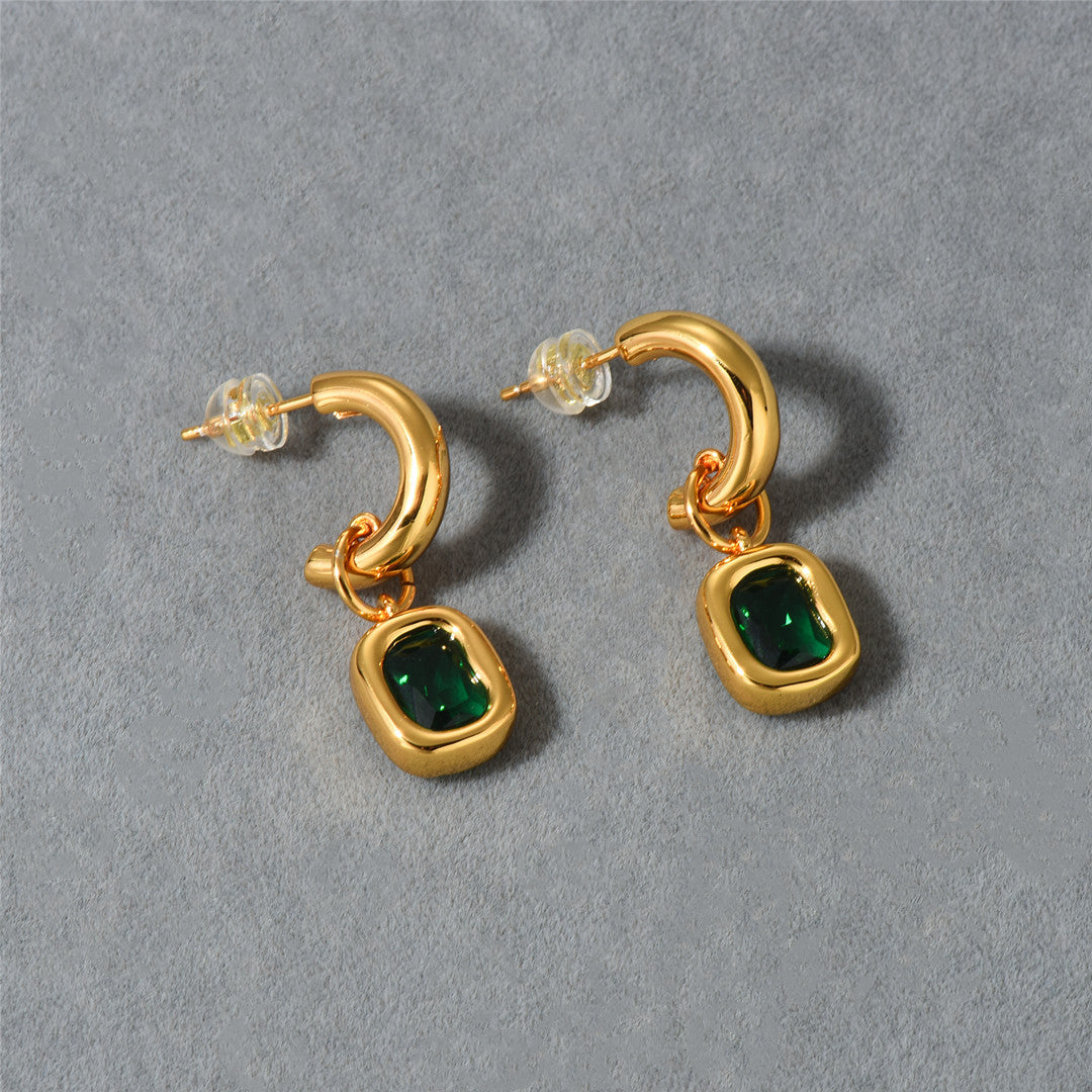 18K Gold Green Stone Pendant Earrings