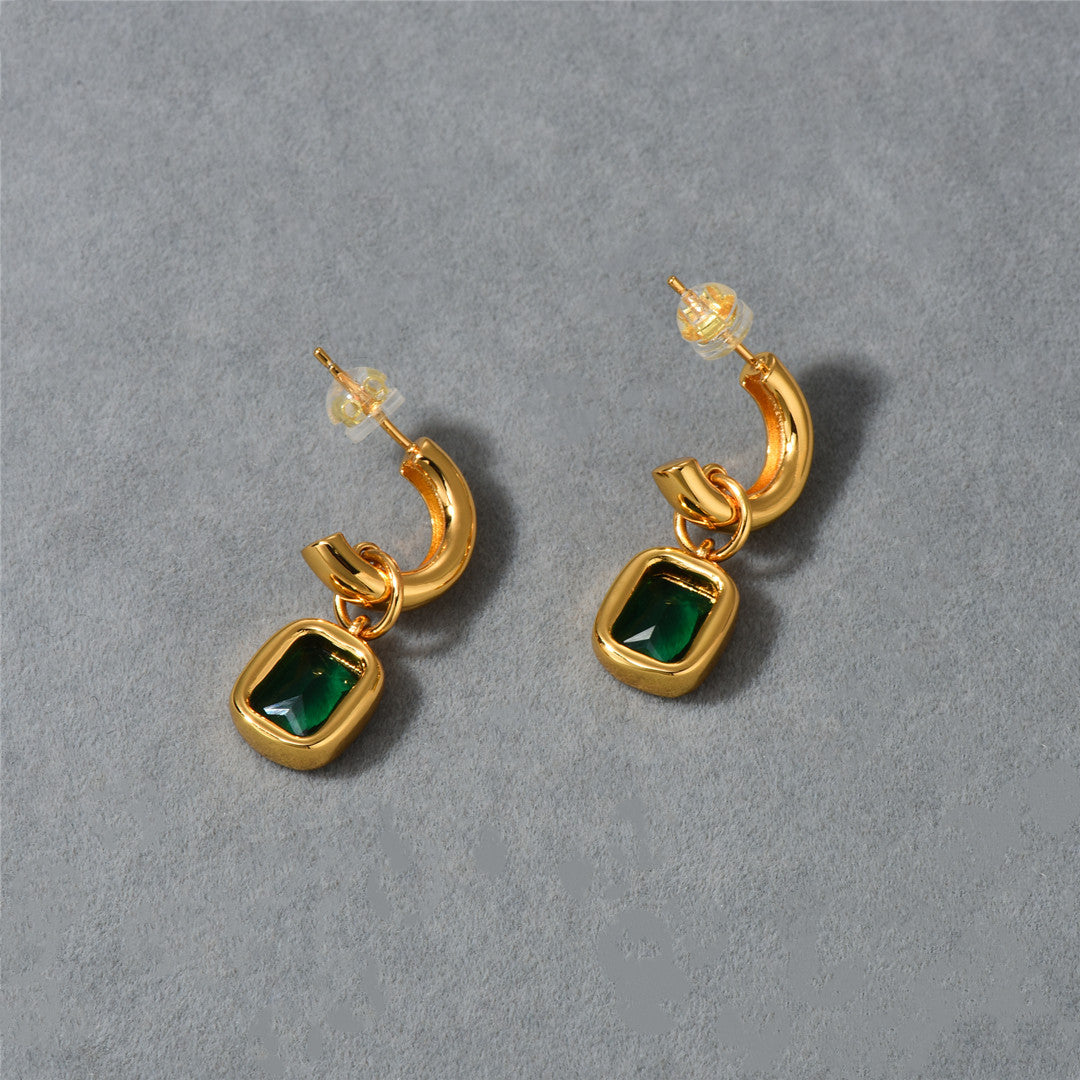 18K Gold Green Stone Pendant Earrings