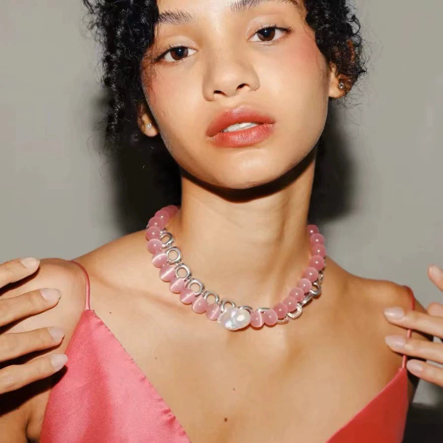 Natural Baroque Pearl and Pink Cat Eye Stone Necklace