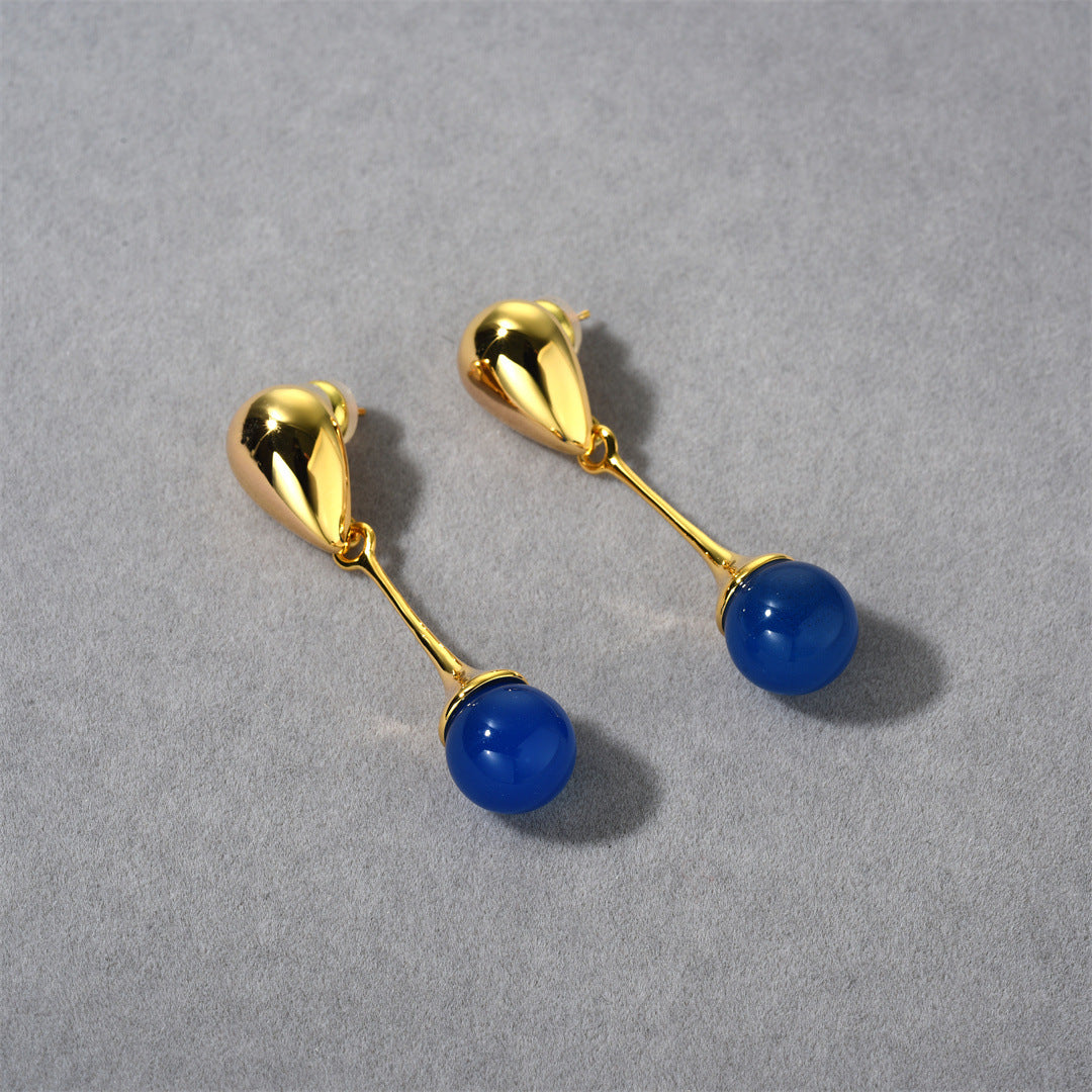 18K Gold Blue Black Stone Pendant Earrings
