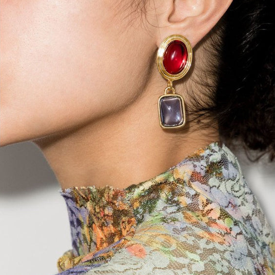 18K Gold Red Blue Dangle Earrings vintage style