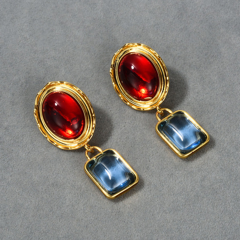18K Gold Red Blue Dangle Earrings vintage style