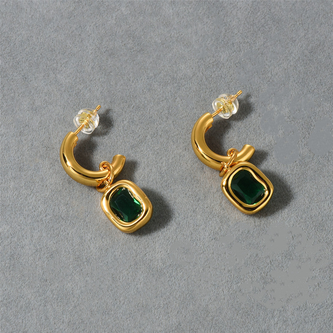 18K Gold Green Stone Pendant Earrings