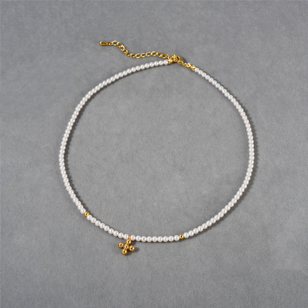 18K Gold Mini Pearl Cross Pendant Necklace