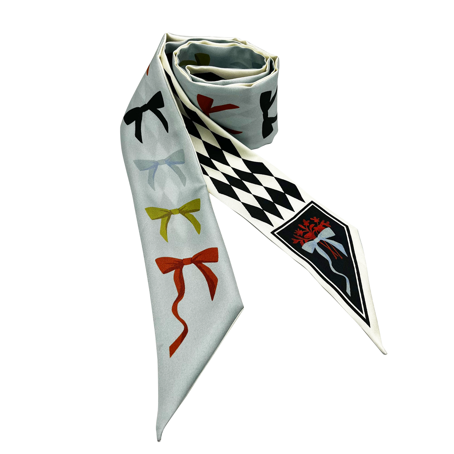 Premium 100% Mulberry Silk Skinny Scarf - Bow Pattern